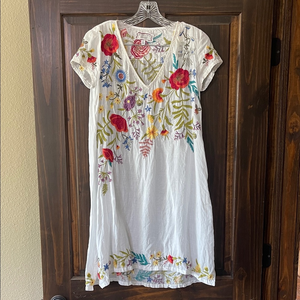 Johnny Was White Midi Dress with Multicolor Floral Embroidery